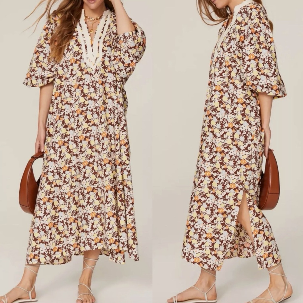 Tory Burch Floral Long Sleeve Maxi Dress in Brown and Cream - Picture 5 of 6